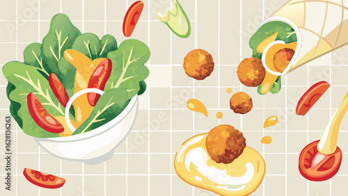 Illustration of a salad bowl with tomatoes and lettuce and a wrap with falafel balls falling out