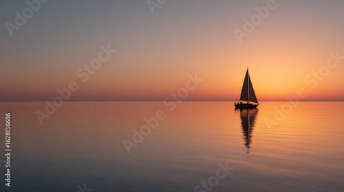 A lone sailboat drifting on a glassy sea at sunset, warm hues reflecting off the water, absolute stillness and peace