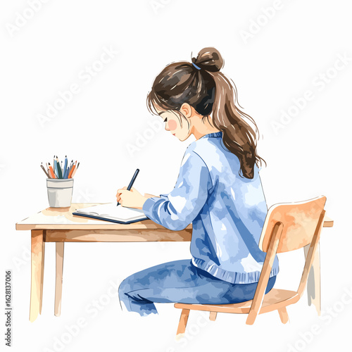 Watercolor Illustration of a Girl Writing at a Wooden Desk with Pencils