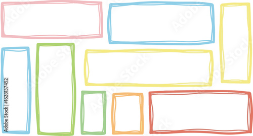 Collection of hand drawn colorful rectangular frames isolated on transparent background