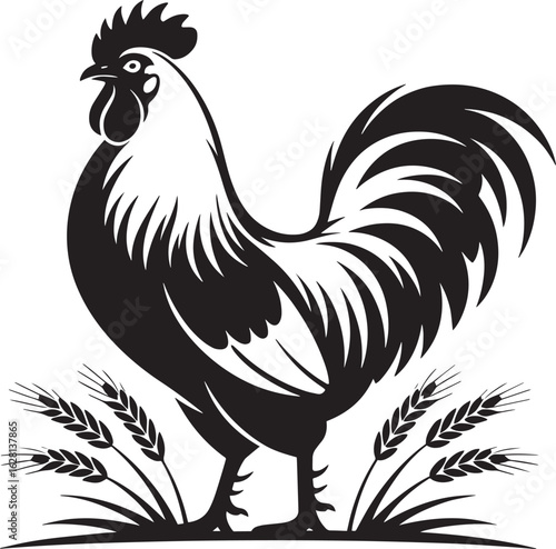 Proud Rooster Silhouette Vector Graphic with Wheat Stalks on Transparent Backdrop for Farm Designs