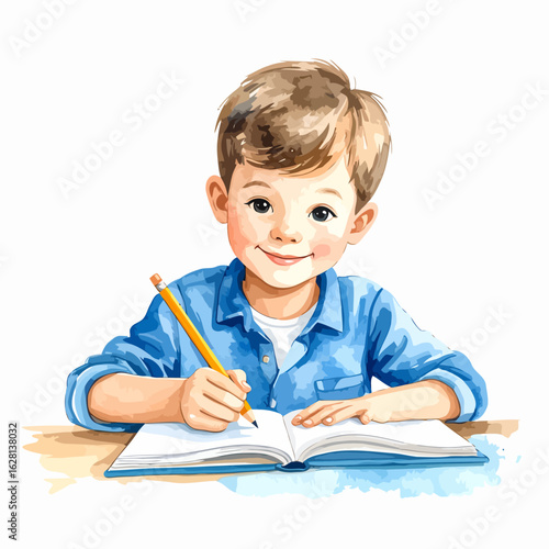 Young boy with brown hair happily writing in an open book with a yellow pencil.