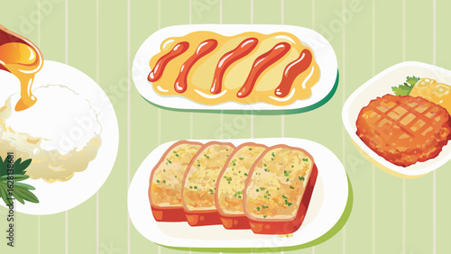 Various dishes displayed on plates including rice, omelet, garlic bread and a cutlet image shown