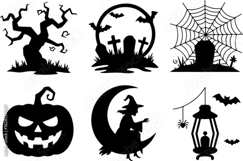 Halloween silhouettes Haunted Branch Graveyard Moon Pumpkin Lantern Glow Witch on Moon Ghostly Lantern Spider Web Glow