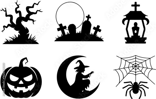 Halloween silhouettes Haunted Branch Graveyard Moon Pumpkin Lantern Glow Witch on Moon Ghostly Lantern Spider Web Glow