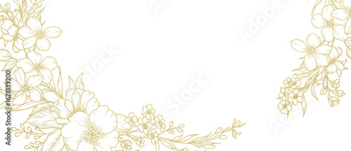Luxury floral background with hand drawn golden lines of flowers. Vector design with floral border.. Elegant illustration for wedding invitation, cover, banner, package, card, wallpaper