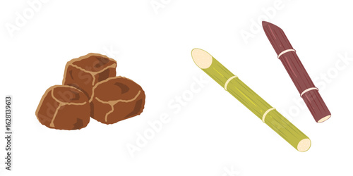 黒糖とサトウキビのイラスト　セット