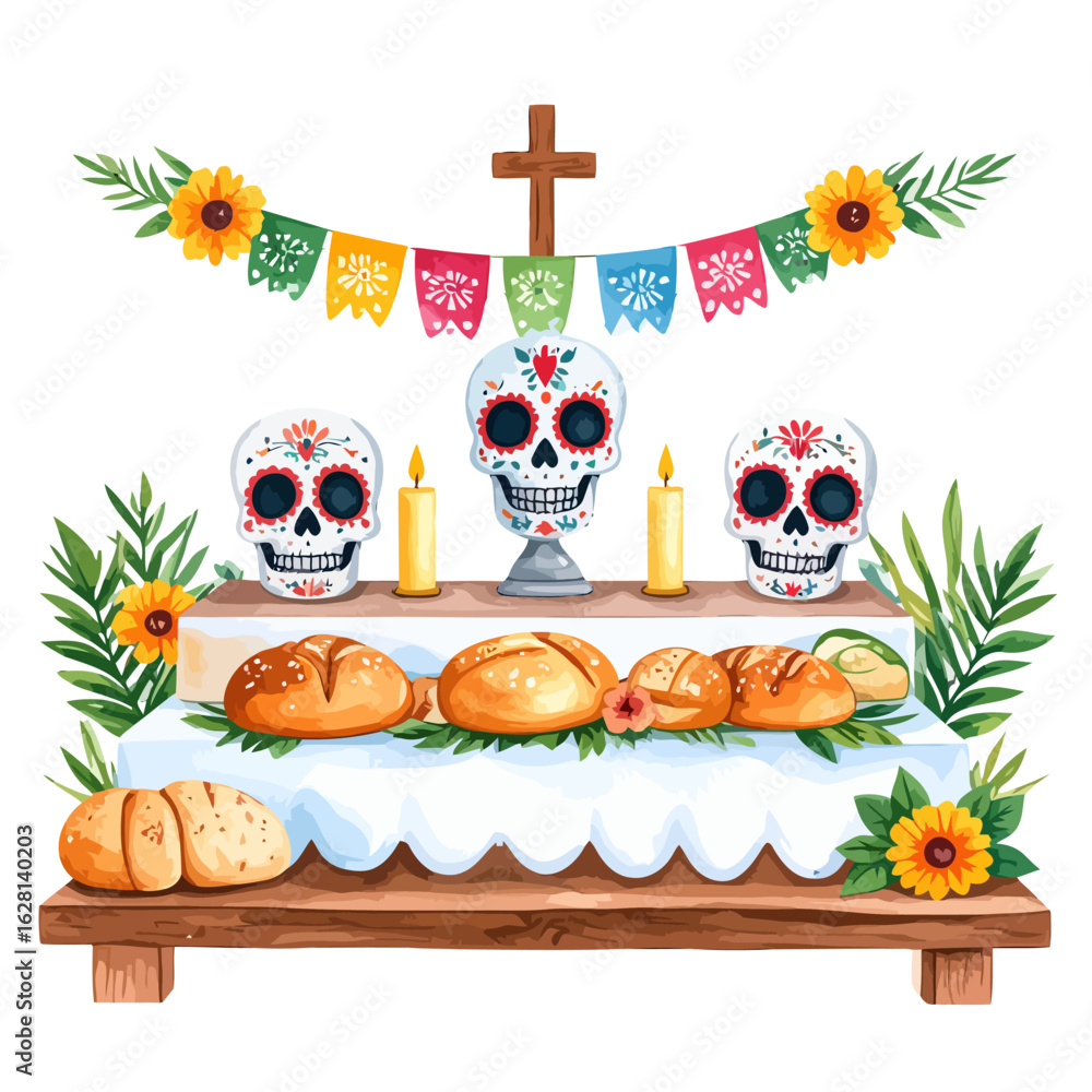 Fototapeta premium Day of the Dead Ofrenda: Sugar Skulls, Pan de Muerto, and Candles