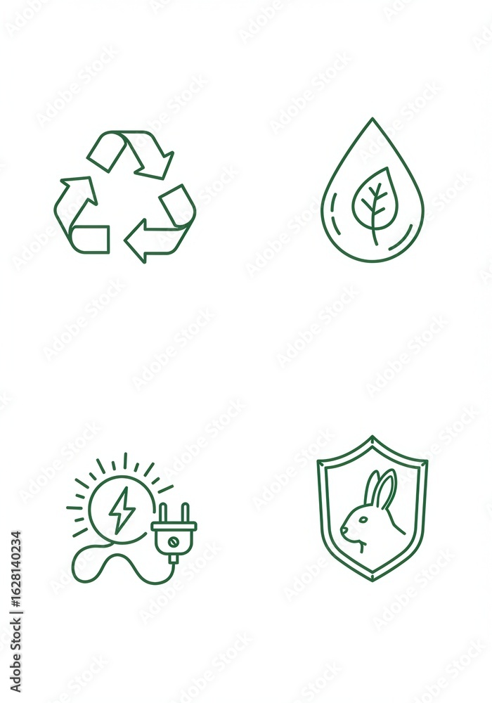 Obraz premium Green Line Icons for Environmental Sustainability: Recycling, Natural Resources, Renewable Energy, and Animal Protection.