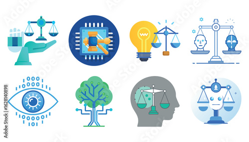 Ethics and Justice Concept Icons Set, Several artificial intelligence concept icons are arranged, exhibiting justice, vision, 