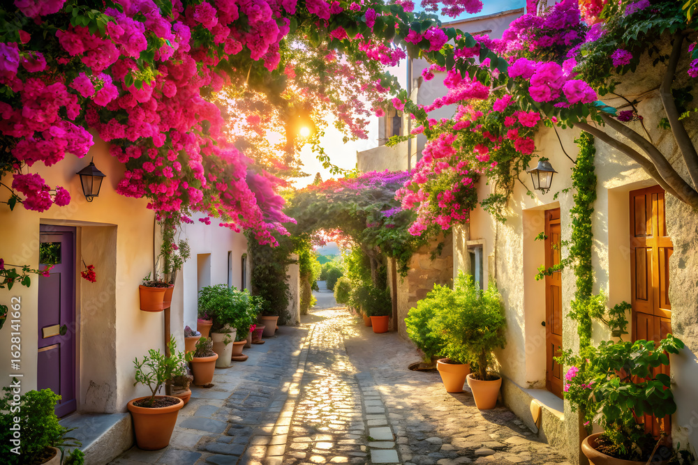 Fototapeta premium Charming mediterranean street lined with white buildings and vibrant pink bougainvillea flowers in full bloom, bathed in warm golden hour sunlight