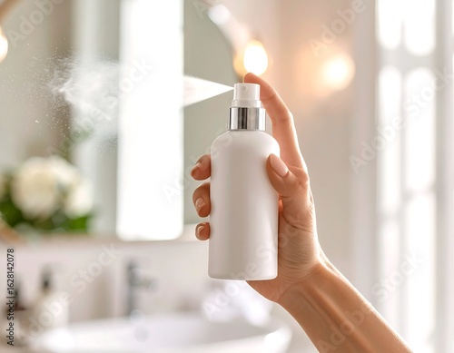 A woman's hand holds a white cosmetic spray bottle, dispensing a fine mist in a bright, modern bathroom setting.