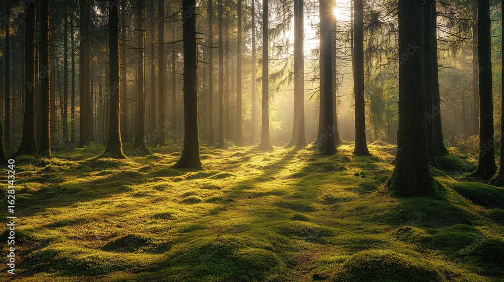 Obraz premium Moss-covered ground in a quiet forest clearing, bathed in golden morning light and surrounded by tall pine trees