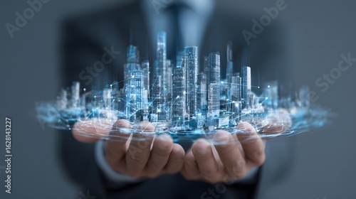 Businessman holding a data-driven smart city with tech nodes and finance graphs in a futuristic environment