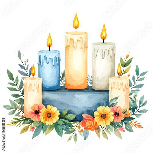 Watercolor Lit Candles with Melted Wax Drips and Vibrant Floral Arrangement on Blue Stand