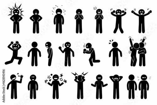 Collection of diverse stick figure characters expressing various emotions and actions in a black and white graphic style