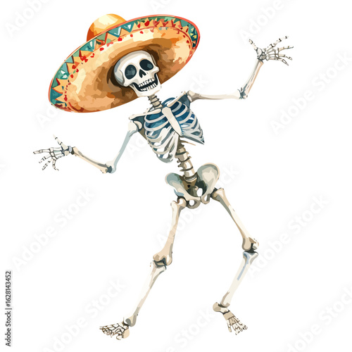 Festive calavera skeleton dancing joyfully while wearing a large, colorful sombrero.
