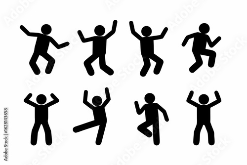 Collection of eight black stick figure people in various dynamic dancing and jumping poses on a white background