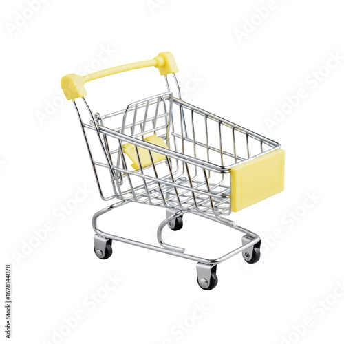 Yellow cart toy is like a shopping cart in a supermarket. Symbols buy, sell, shopping or material for creativity ideas. Isolated, Isolated on white background in full depth of field with transparent.