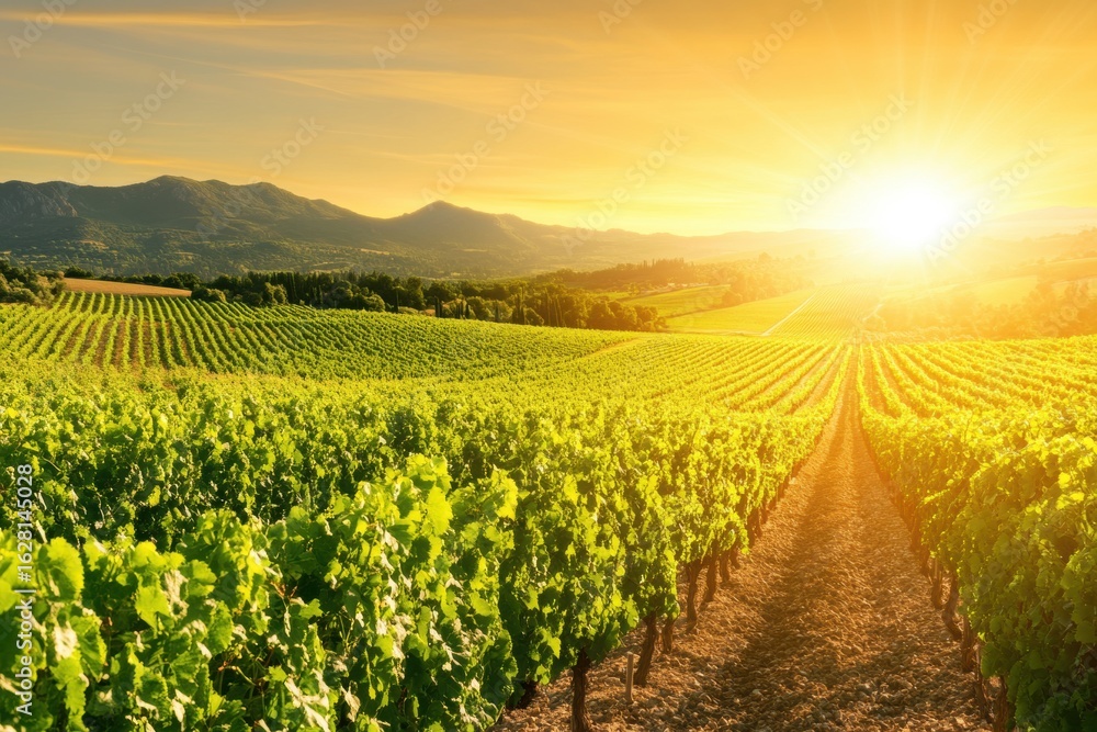 Fototapeta premium Vineyard Bliss at Sunset: A breathtaking view of rows of grapevines bathed in the golden light of sunset, creating a scenic spectacle of agriculture and natural beauty.