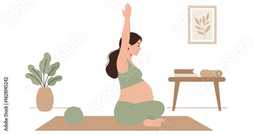 Pregnant woman in green activewear practicing yoga on a mat with a plant and framed artwork