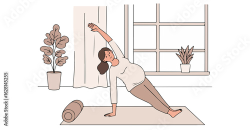 Pregnant woman doing side plank yoga pose on a mat indoors with plants and window exercise