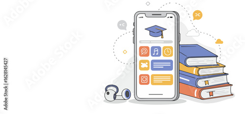 Digital learning concept with smartphone stack of books and headphones mobile phone education