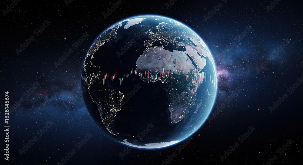 Obraz premium Earth night lights view with financial chart overlay over the globe image