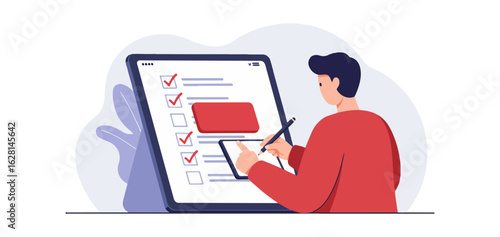 Person using stylus on tablet with checklist and red checkboxes to do list digital
