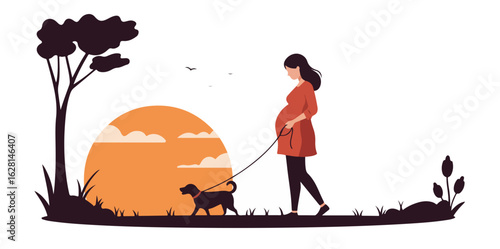 Pregnant woman walking dog at sunset with stylized tree and clouds leash
