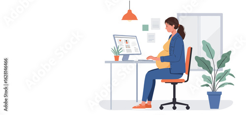 Pregnant woman working at desk with computer and plants on white background office 1