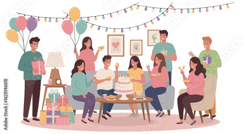 Diverse group of people celebrating indoors with cake balloons and gifts birthday party