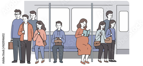 Diverse group of people commuting on a train with windows and seats subway commute