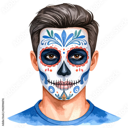 Portrait of a man with colorful Calavera makeup for Dia de los Muertos celebration.