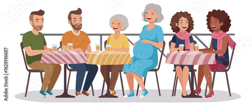 Diverse group of people enjoying drinks at outdoor tables with striped tablecloths women