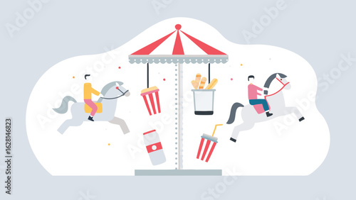 Illustration of a carousel with horses and hanging food items like popcorn and french fries design