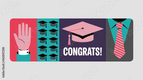 Graduation card with open hand mortarboards and striped tie diploma education