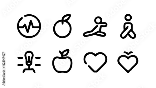 Fitness and Wellness Vector Icon Set Featuring Workout, Gym, Healthy Lifestyle, Yoga, Diet, Sleep, Meditation, and Body Health Elements