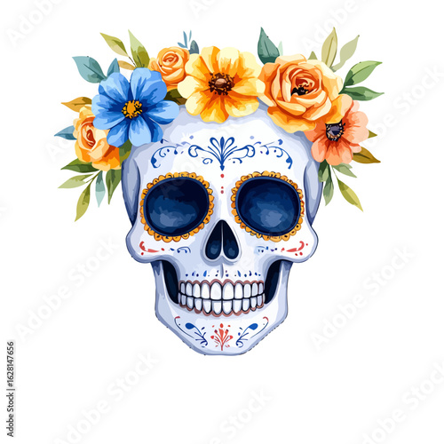 Watercolor Calavera Sugar Skull with a Colorful Crown of Blue and Yellow Flowers.