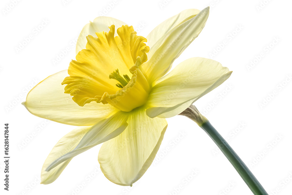 Fototapeta premium Ai generated image of a single bright yellow daffodil flower with delicate petals and a prominent corona, featuring a green stem, isolated on a clean transparent background, capturing the essence of s
