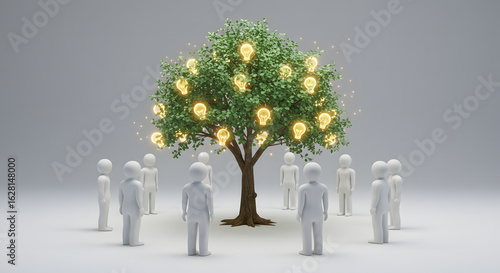 An image symbolizing the concept of a brainstorming session, with figures around a tree filled with lightbulbs