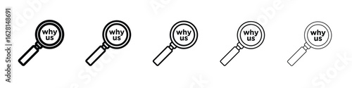 Why us icon logo. Black line icon, vector illustrations.
