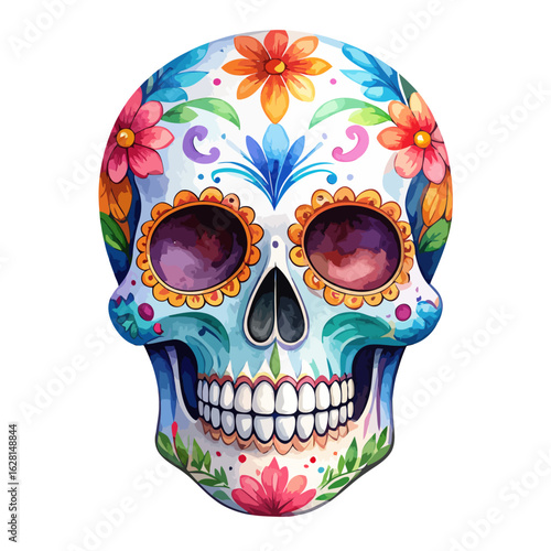 Watercolor illustration of a sugar skull adorned with vibrant flowers and intricate patterns, set against a white background.