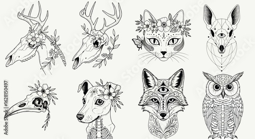 Animal skull and floral tattoo designs vector illustration