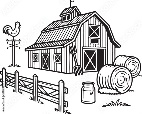 Barnyard Morning Outline Icons Set – Wooden Barn, Rooster Weather Vane, Sunrise Horizon, Hay Bale, Fence, and Milk Pail