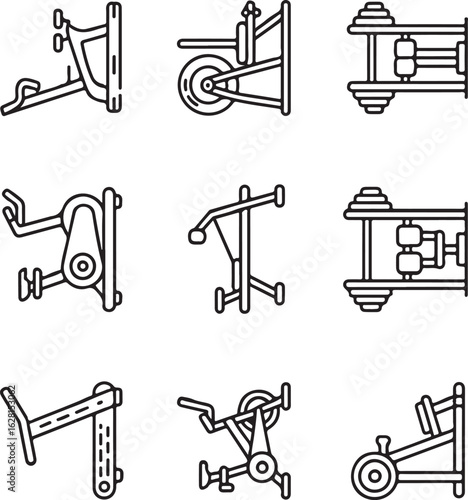 Fitness Machine Hand-Drawn Line Icon Pack – Exercise Bike, Rowing Machine, Treadmill, Chest Press, and Leg Press