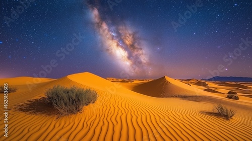 Milky Way Over Sand Dunes with Long Exposure Star Trails, Desert Landscape Night Sky
