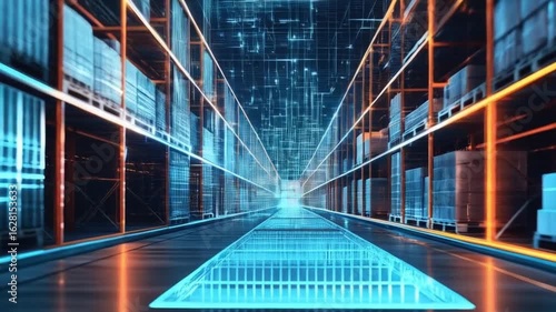 Futuristic warehouse technology with glowing hologram