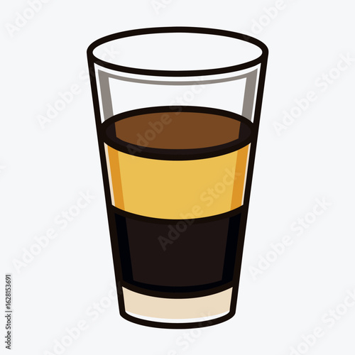 A layered alcoholic shot in a tall glass with distinct brown yellow and dark liquid layers