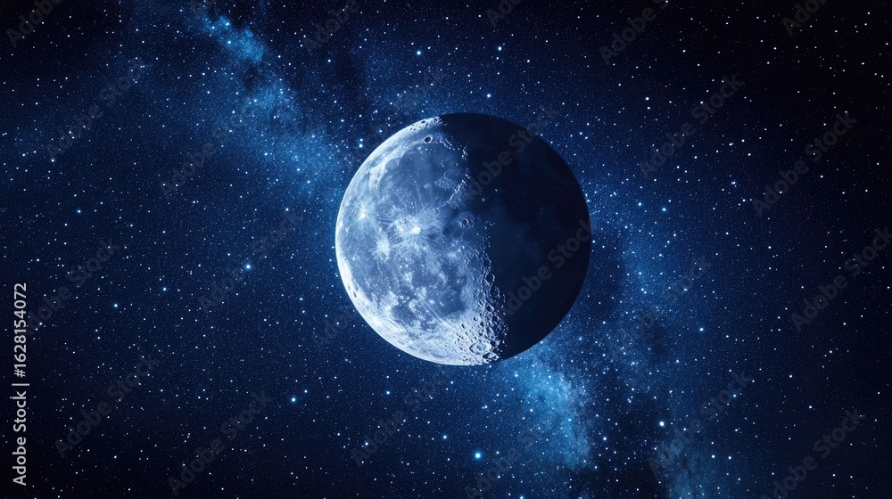 Fototapeta premium Tranquil scene of the moon high in the night sky, framed by countless stars and a faint Milky Way glow